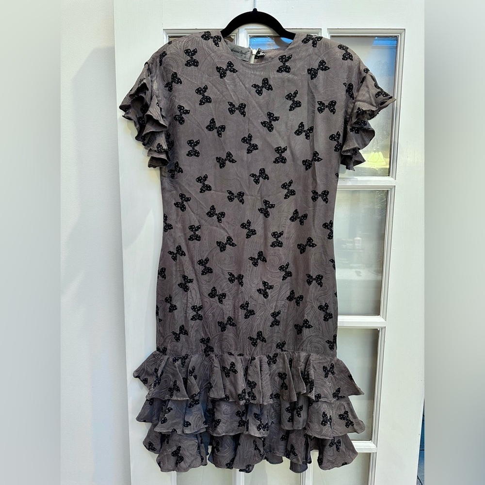 Vintage Adrianna Papell Couture Silk Gray Taupe Ruffle Hem Midi Dress Bow Size 8